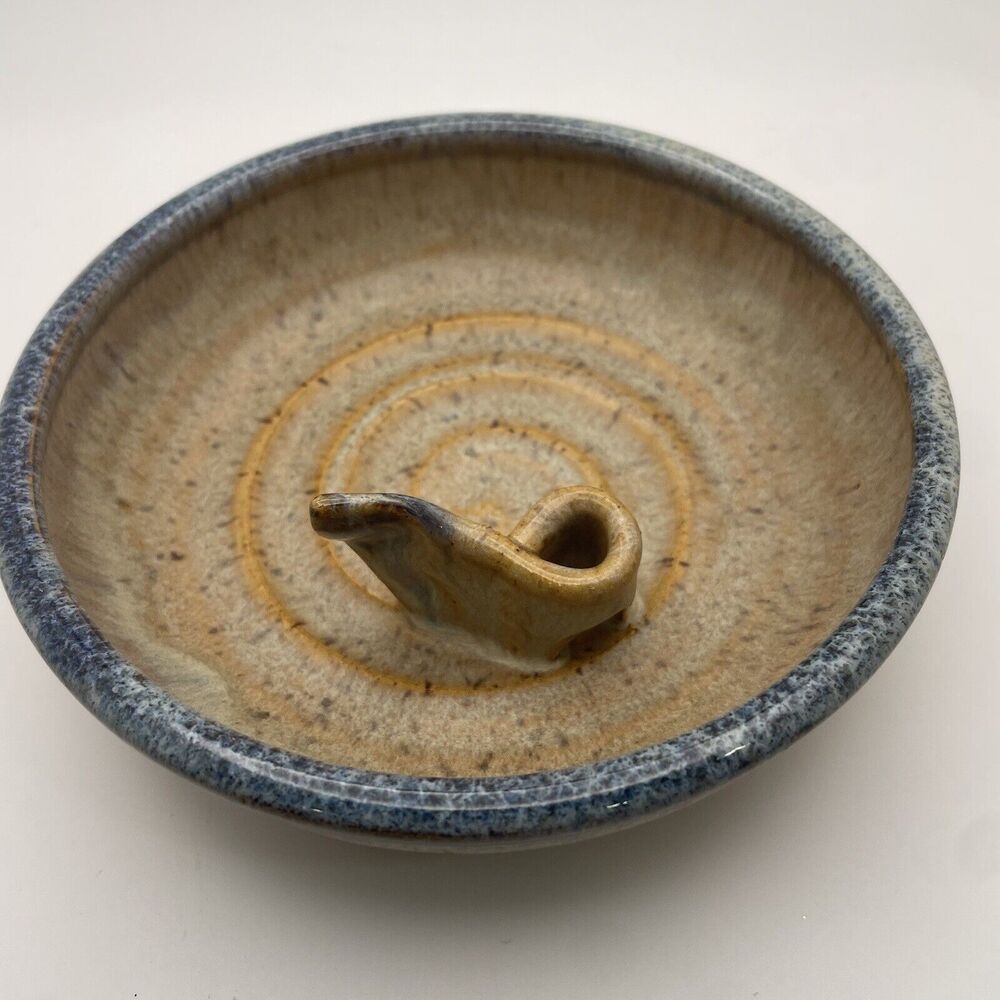 Greg Neal Studio Art Pottery Handmade Stem Dish Bowl Tan Blue Brown 1998 Vintage